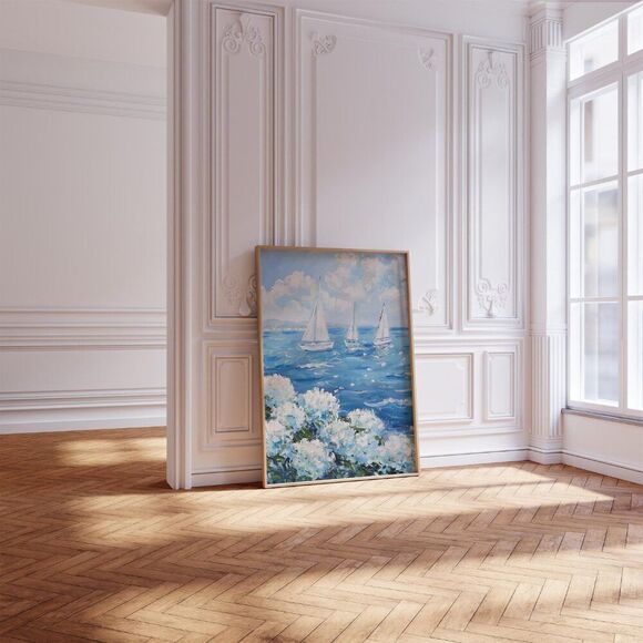 NWT Ocean with Sailboat and white Hydrangeas Art Pint Poster - Picture 5 of 10